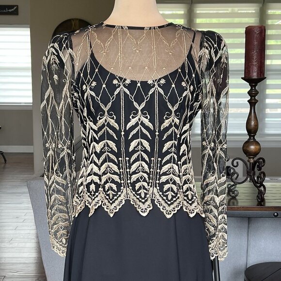 Vtg Cachet by Bari Protas Black Evening Gown Size 11/12 Gold Embroidered Sheer - Picture 2 of 16